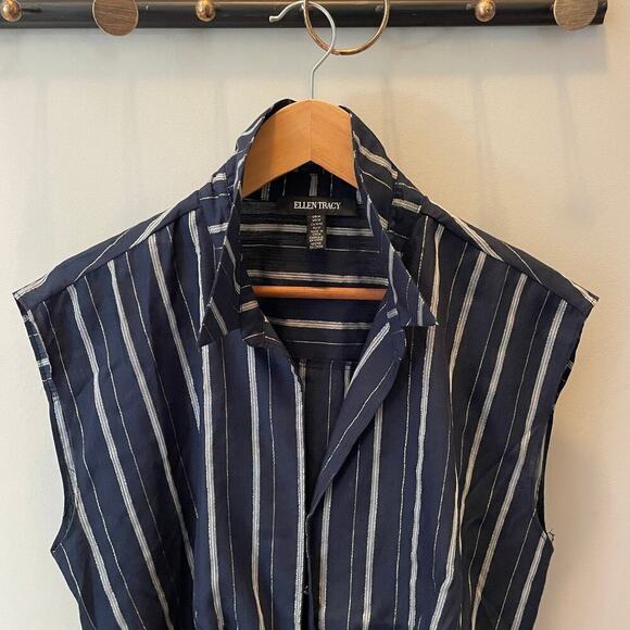 Ellen Tracy M Sleeveless Tie Front Top | Navy Blue Gold Stripe Soft Drape Career - Picture 4 of 6